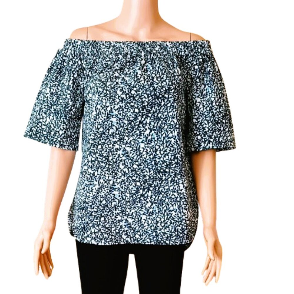 Michael Kors Off-Shoulder Top XS Blue Floral Print with Scoop Hem